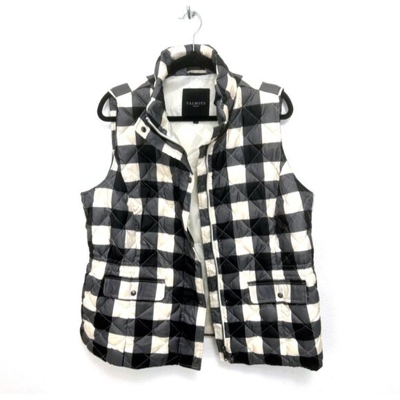 Talbots Down Filled Puffer Vest Buffalo Plaid Check  Black Cream Woman Size 1X - Picture 2 of 10